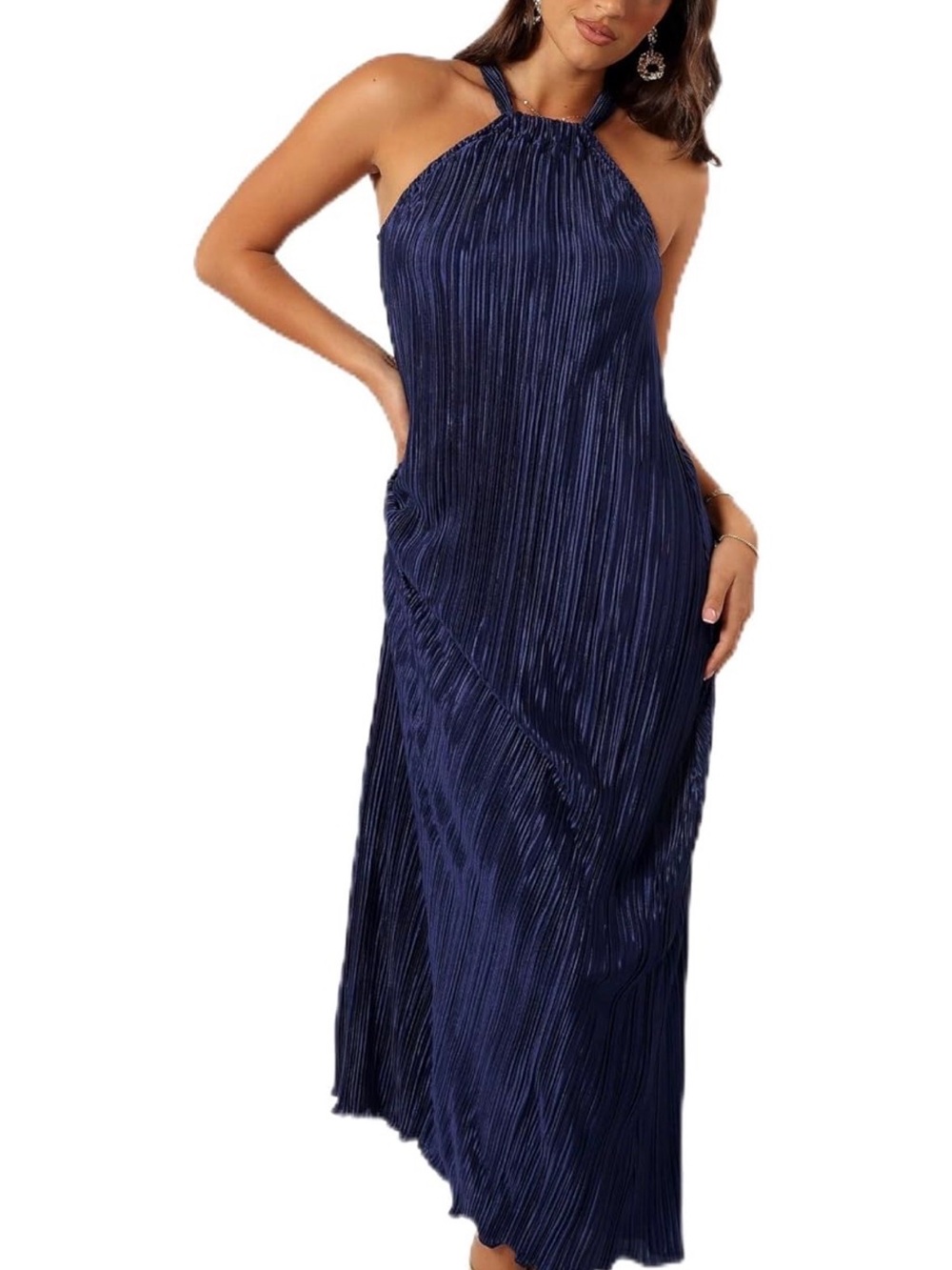 Petal & Pup Navy Pleated Halter Maxi Dress